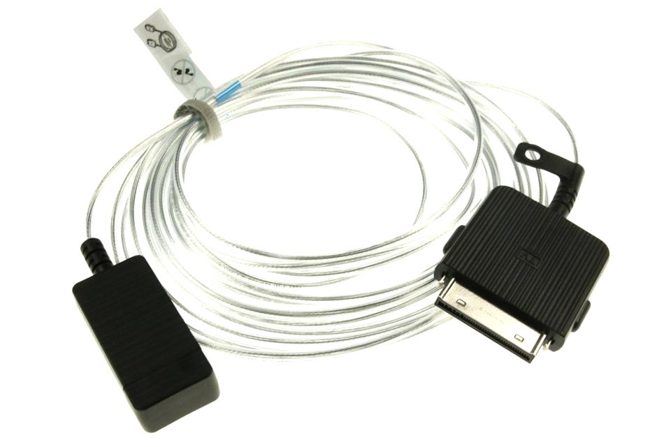 Clear, flexible cable with a black, textured connector on one end and a rectangular connector on the other, designed for Samsung devices, featuring a sleek and modern design.