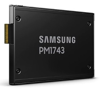 Samsung PM1743 1.92 TB 2.5" PCI Express 5.0 NVMe V-NAND SSD in a sleek black metal casing with engraved branding and a gold connector on one side.