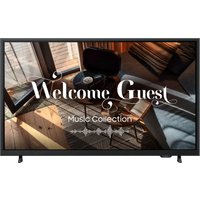 Samsung 32" black flat-screen hospitality TV with thin bezel, displaying "Welcome Guest" message over a cozy room scene.