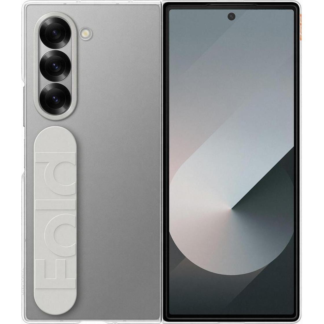 Samsung Q6 Cler Cse Rnsprncy features a sleek, transparent design with a silver back, three rear cameras, and a large display showcasing a subtle gradient background.