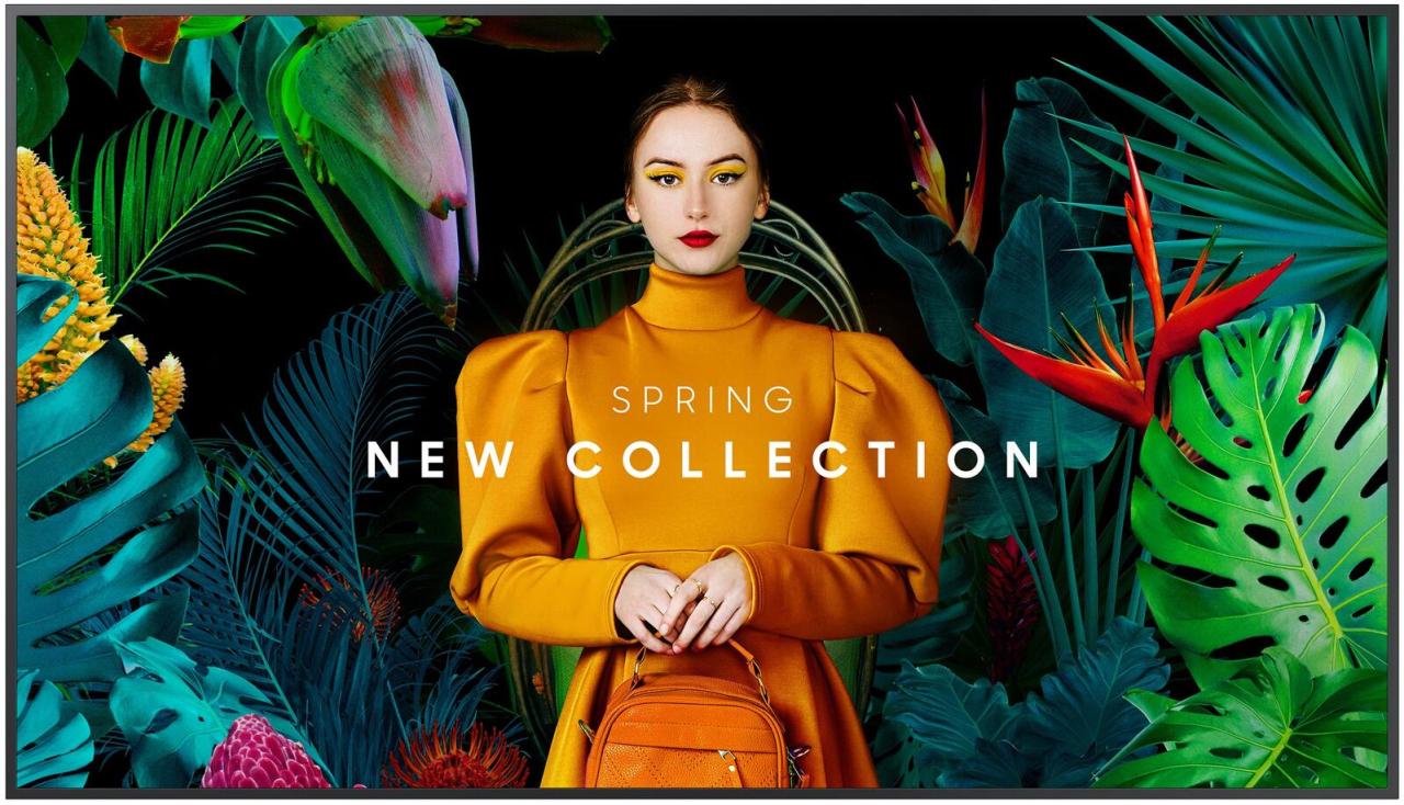 Samsung QB43C digital signage flat panel features a vibrant display with a sleek black frame, showcasing a model in an orange dress against a lush tropical background.