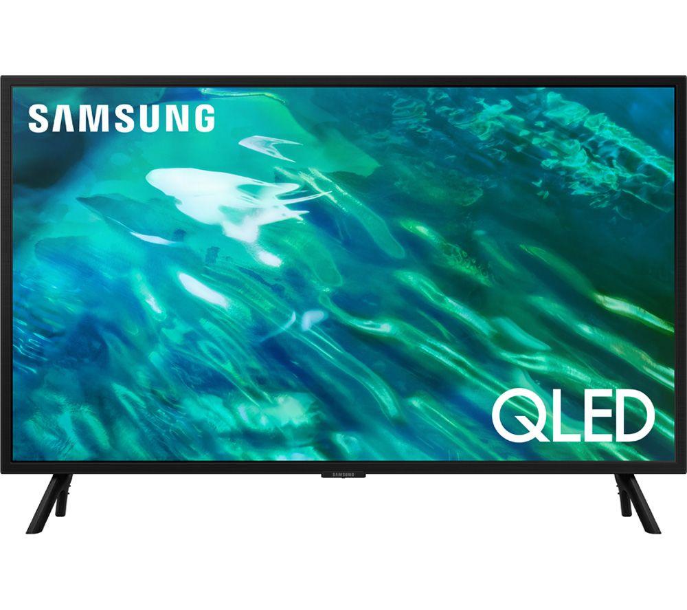 Samsung 32" Q50A QLED Smart TV in black with a sleek design, featuring vibrant colors and HDR technology for enhanced picture quality.