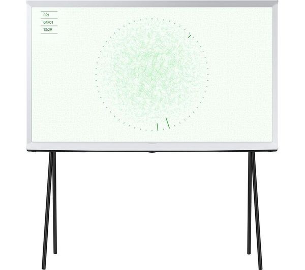 SAMSUNG the Serif 43" Smart 4K Ultra HD HDR QLED TV in Cloud White, featuring a minimalist design with a unique stand and integrated Bixby & Amazon Alexa functionality.