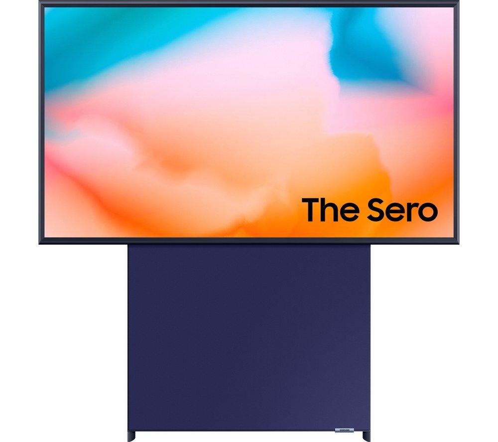 Samsung QE43LS05BG 43" Sero QLED 4K HDR Smart TV features a vibrant display with a rotating screen, sleek black frame, and a navy blue stand, showcasing colorful abstract visuals.