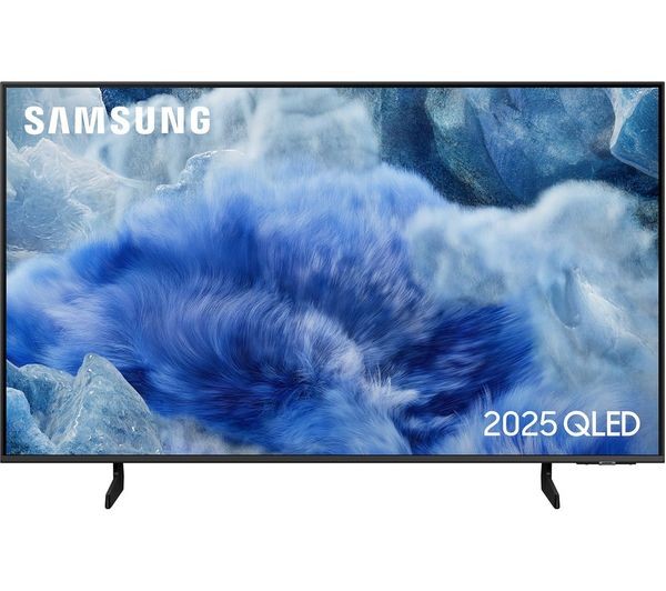 Samsung 43" QLED Q8F 4K Smart TV in Titanium Gray features a vibrant blue abstract display, sleek black bezels, and sturdy black stands, showcasing advanced Vision AI technology.