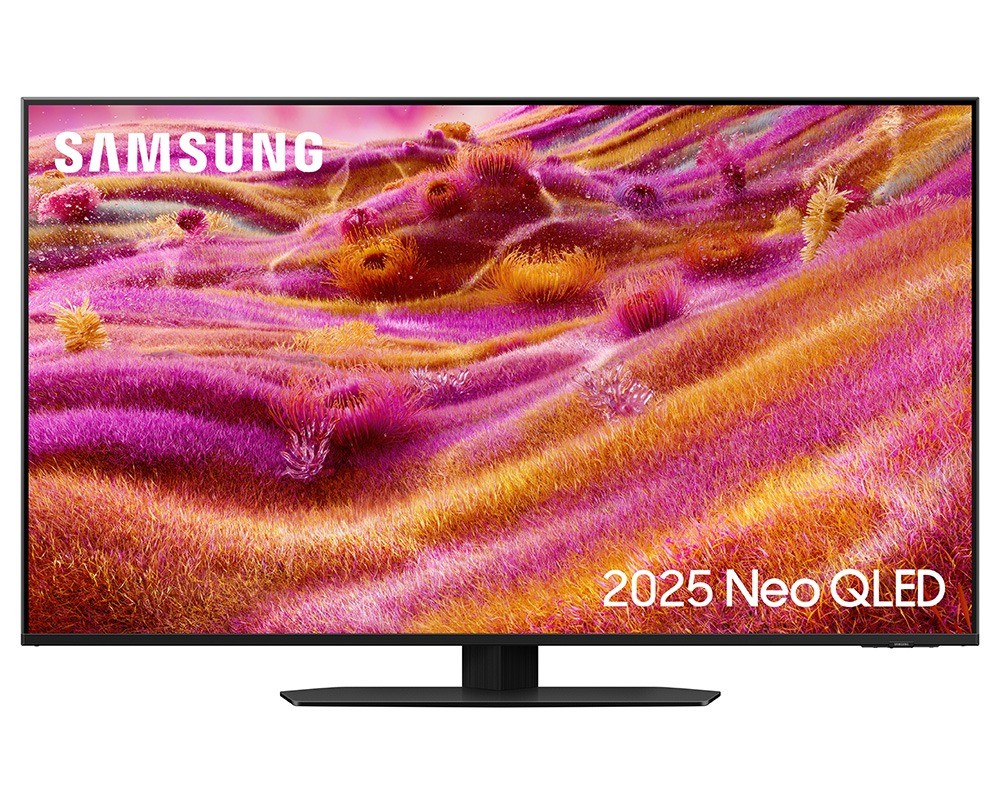 Samsung 43" Neo QLED QN93F 4K Smart TV in black, featuring a vibrant pink and purple landscape display, sleek design, and modern stand.