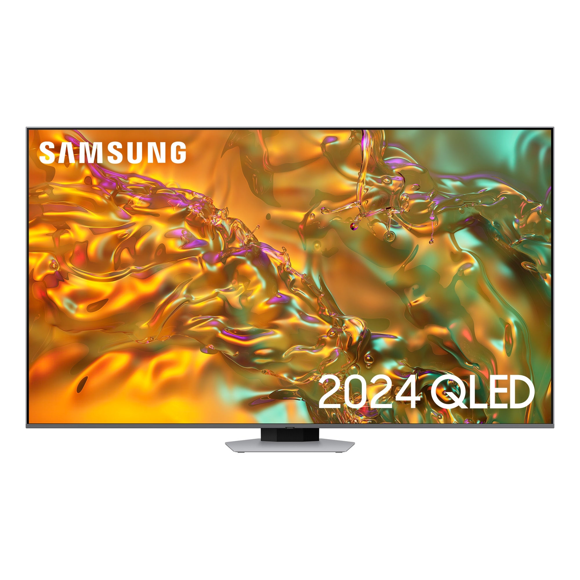 Samsung 50-inch Q80D 4K UHD QLED Smart TV features a sleek silver frame, vibrant colorful display with abstract liquid patterns, and the "2024 QLED" logo prominently displayed.