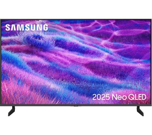 Samsung QE50QN80FAUXXU 50" 4K Ultra HD Smart TV in silver, featuring a vibrant purple and blue abstract display, sleek design, and modern stand.