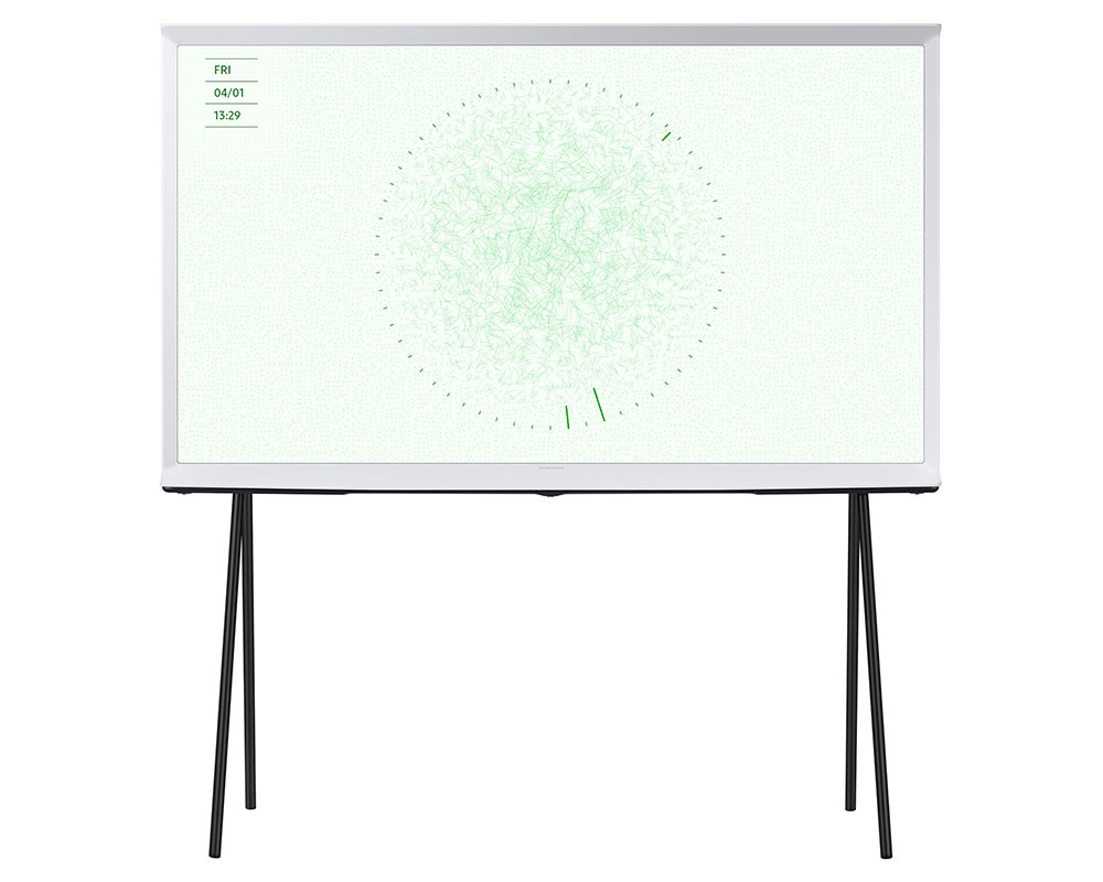 Samsung 55" The Serif LS01D QLED 4K HDR Smart TV in Cloud White, featuring a minimalist design with a textured finish and sleek black metal legs, displaying a soft green abstract pattern.