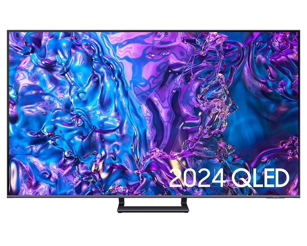 Samsung QE55Q77DATXXU 55" QLED 4K HDR Smart TV featuring a vibrant, colorful display with abstract fluid patterns and a sleek black frame.