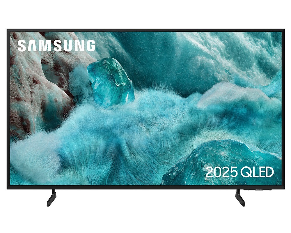 Samsung 55" QLED Q7F2 4K Vision AI Smart TV (2025) in black, featuring a vibrant display with a blue and teal abstract design, sleek bezels, and sturdy stand.