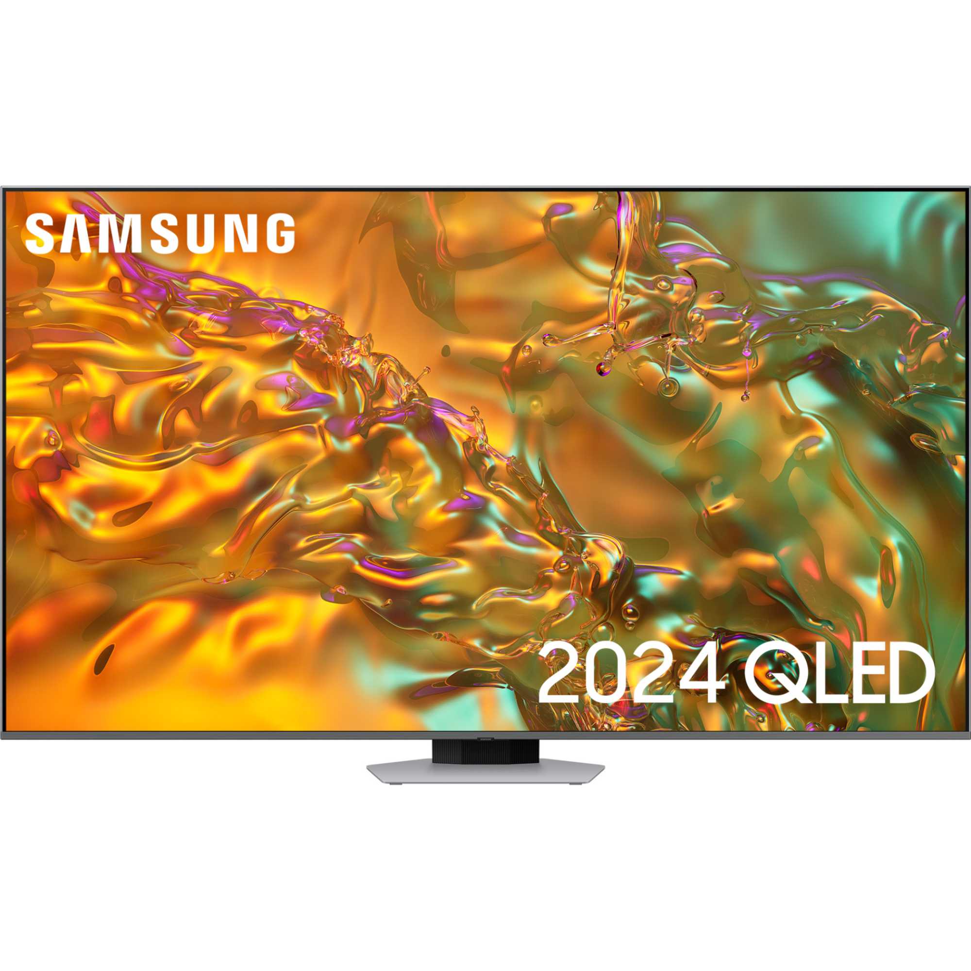 Samsung QE55Q80DATXXU 55-inch Q80D 4K QLED Smart TV featuring a sleek design, vibrant colors, and a modern stand, showcasing a colorful abstract display.