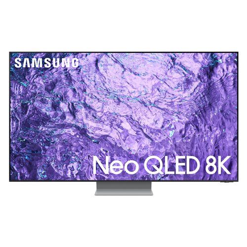 Samsung QE55QN700C 55" Neo QLED 8K HDR Smart TV features a sleek silver stand, ultra-thin bezels, and a vibrant purple abstract display showcasing its advanced HDR capabilities.