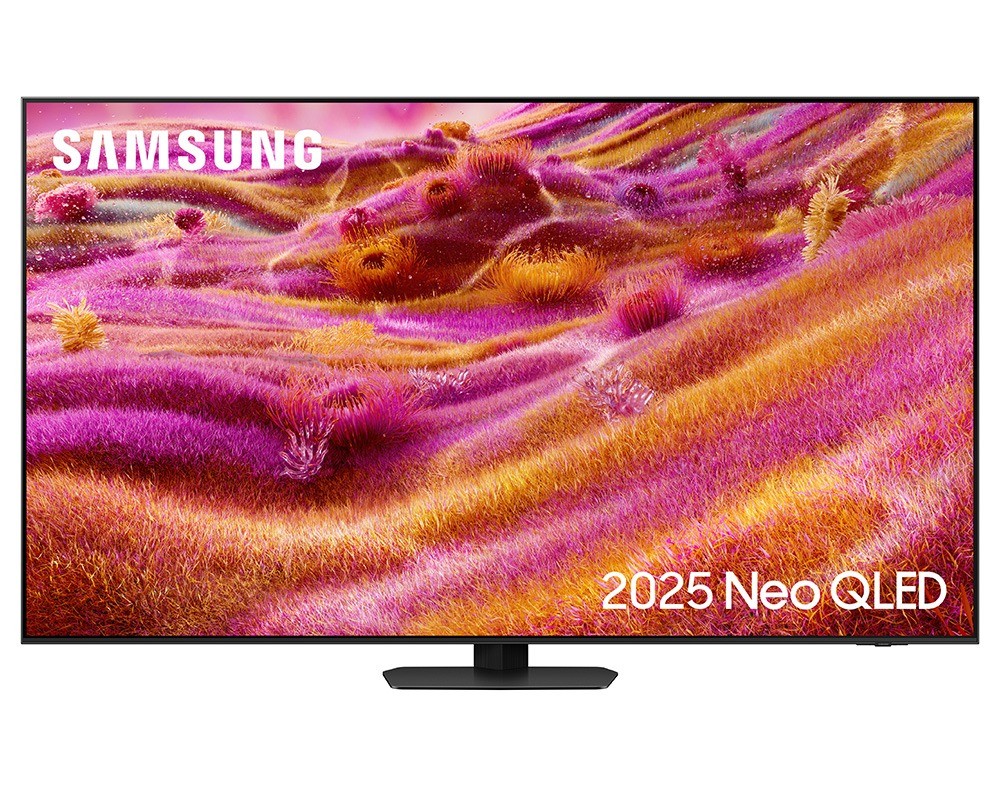 Samsung 55" Neo QLED QN93F 4K Smart TV in black, featuring vibrant pink and purple landscape display, sleek design, and advanced Vision AI technology for enhanced viewing.