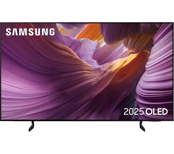 Samsung 55" OLED S85F 4K Vision AI Smart TV in graphite, featuring a vibrant purple and orange abstract display, sleek design, and modern stand.