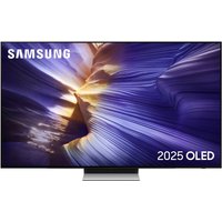 Samsung QE55S90FAE 55" 4K OLED Smart TV with thin bezels, sleek stand, and vibrant display showing abstract design.