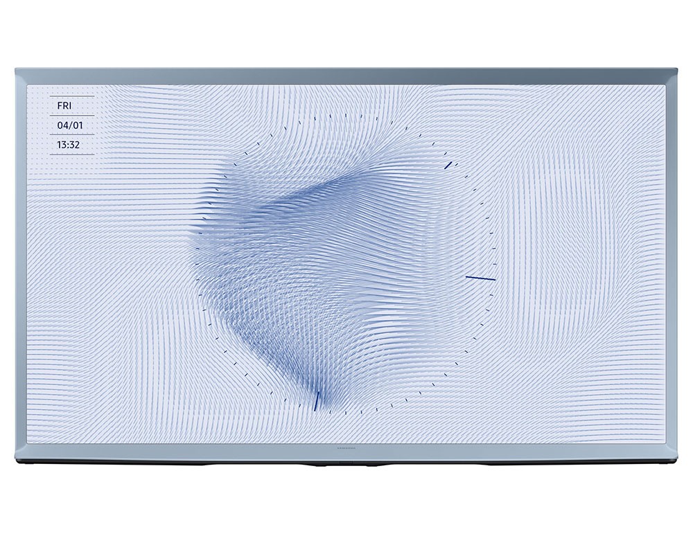 Samsung QE65LS01BB 65" The Serif QLED 4K HDR Smart TV in Cotton Blue, featuring a unique design with a textured screen displaying abstract blue patterns.