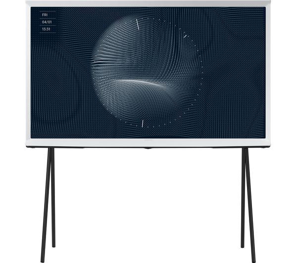 Samsung QE65LS01BG 65" Serif LS01B QLED 4K HDR Smart TV in Cloud White, featuring a minimalist design with a textured screen and slim metal legs.
