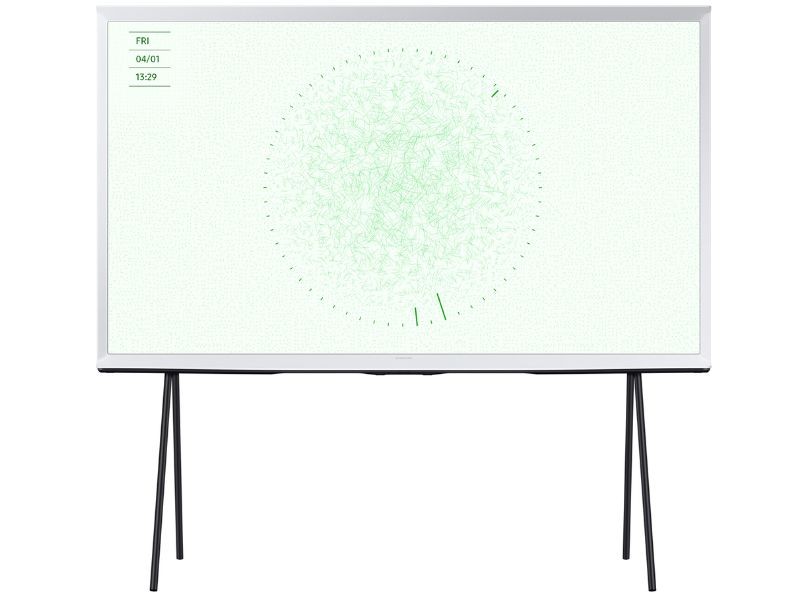 Samsung 65" the Serif LS01D QLED 4K HDR Smart TV in Cloud White features a minimalist design with a sleek frame and stylish legs, displaying a soft green abstract pattern on the screen.