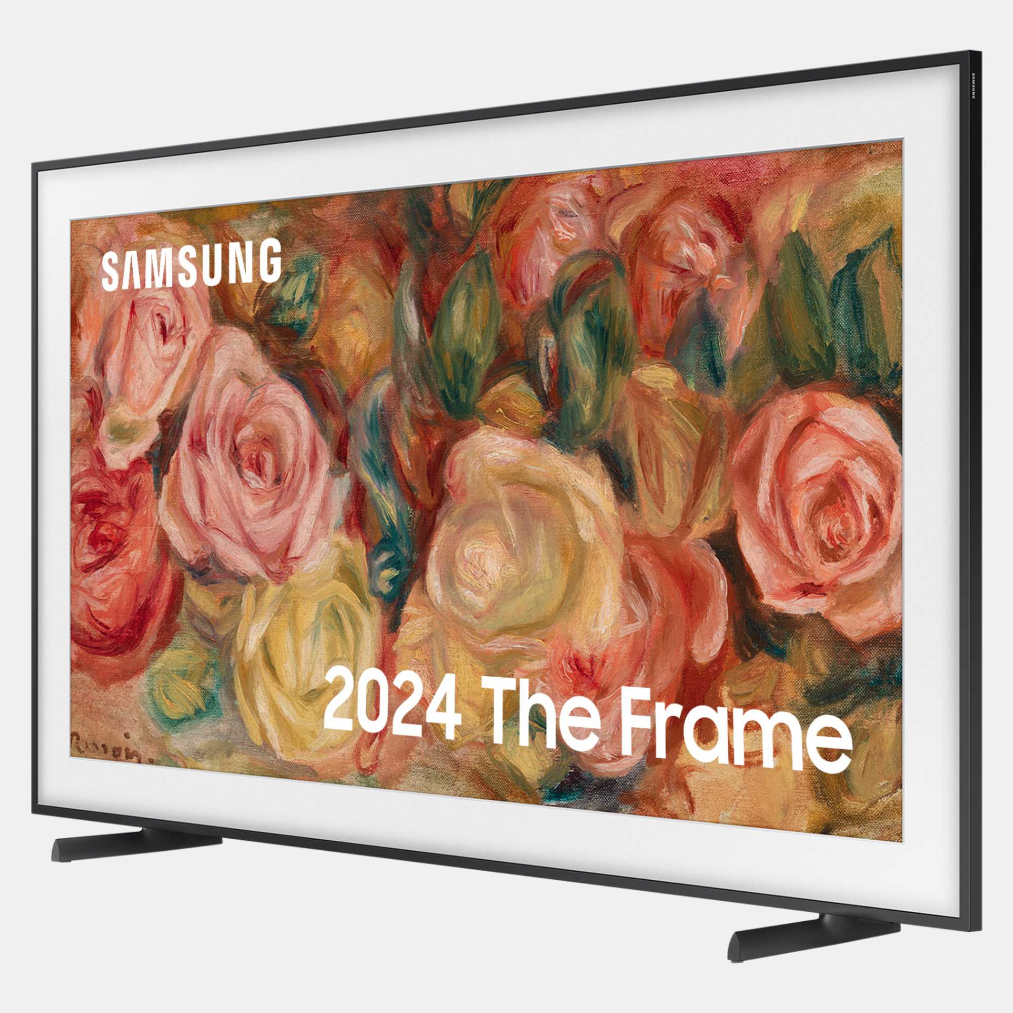 Samsung QE65LS03D 65" The Frame Art Mode UHD 4K HDR QLED Smart TV displays a vibrant floral painting, framed in a sleek black bezel with a minimalist stand.