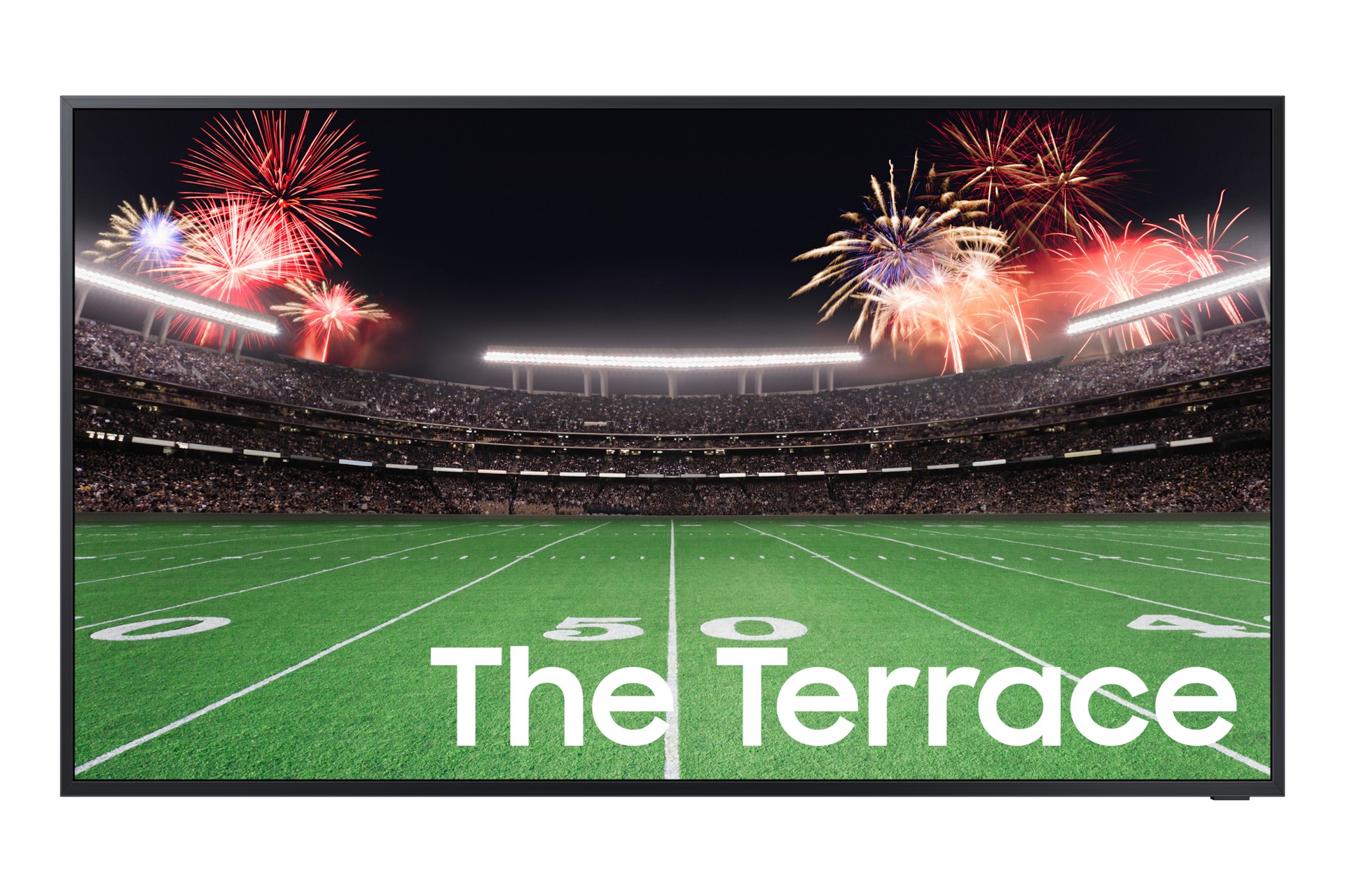 Samsung The Terrace 65" Neo QLED 4K Outdoor Smart TV featuring a sleek black frame, vibrant display of fireworks over a football field, and bold white text reading "The Terrace."