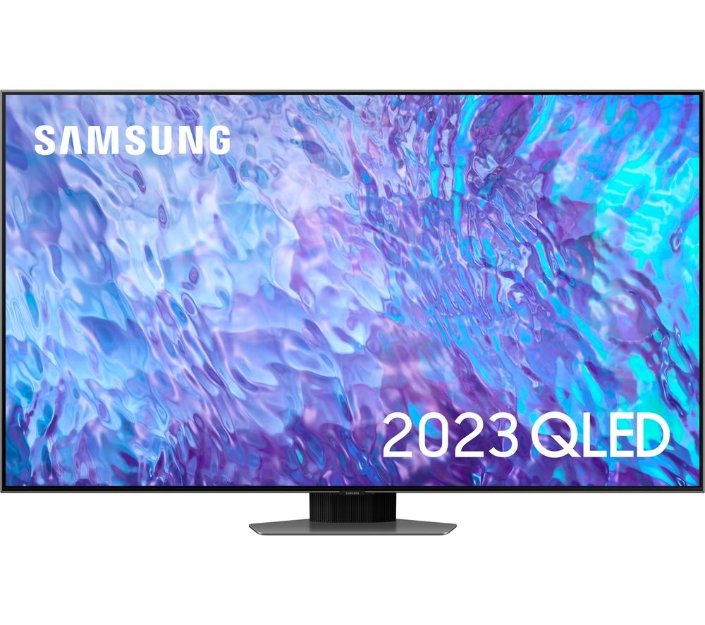 Samsung QE65Q80CA 65" Quantum Dot QLED 4K HDR Smart TV features a sleek black frame, vibrant display with swirling purple and blue patterns, and a modern stand.