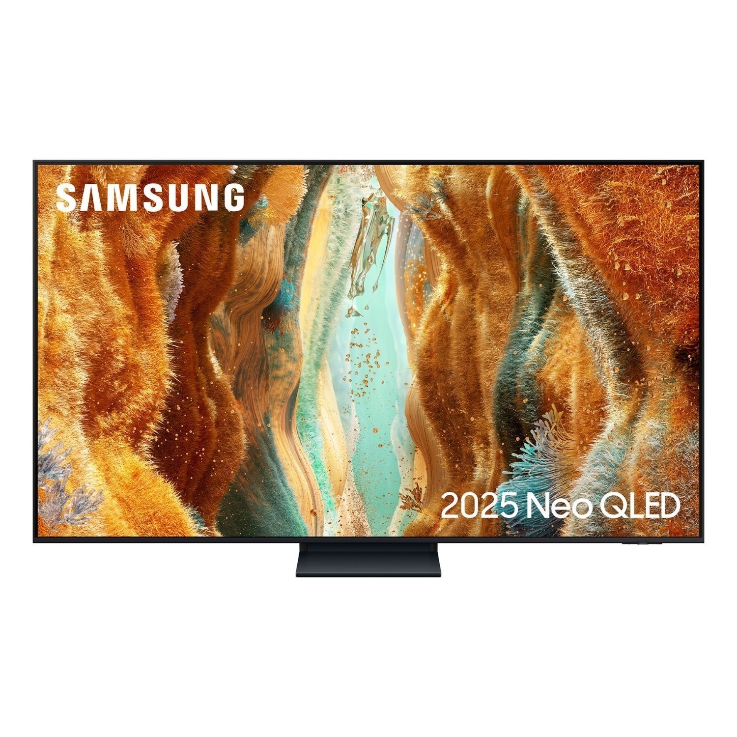 Samsung 2025 Neo QLED TV featuring a vibrant, abstract display with warm oranges and cool blues, sleek black frame, and minimalistic stand.
