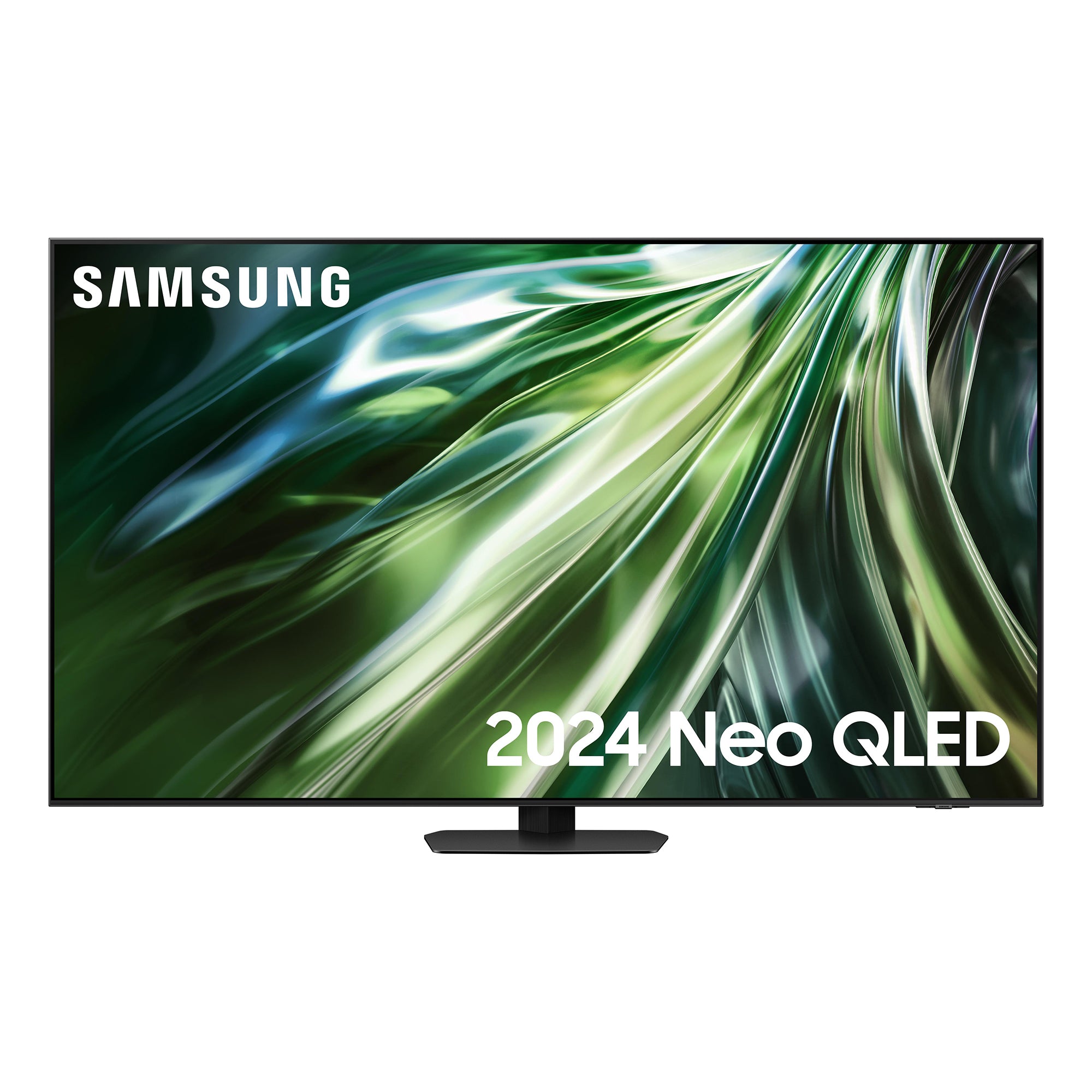 Samsung QE65QN90D 65" NEO QLED 4K HDR Smart TV features a sleek black frame, vibrant green abstract display, and a modern stand, showcasing advanced picture quality and smart technology.