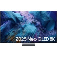 Samsung 65" QN990F 8K Neo QLED TV with thin bezels, vivid display, and central stand, showcasing vibrant abstract art.