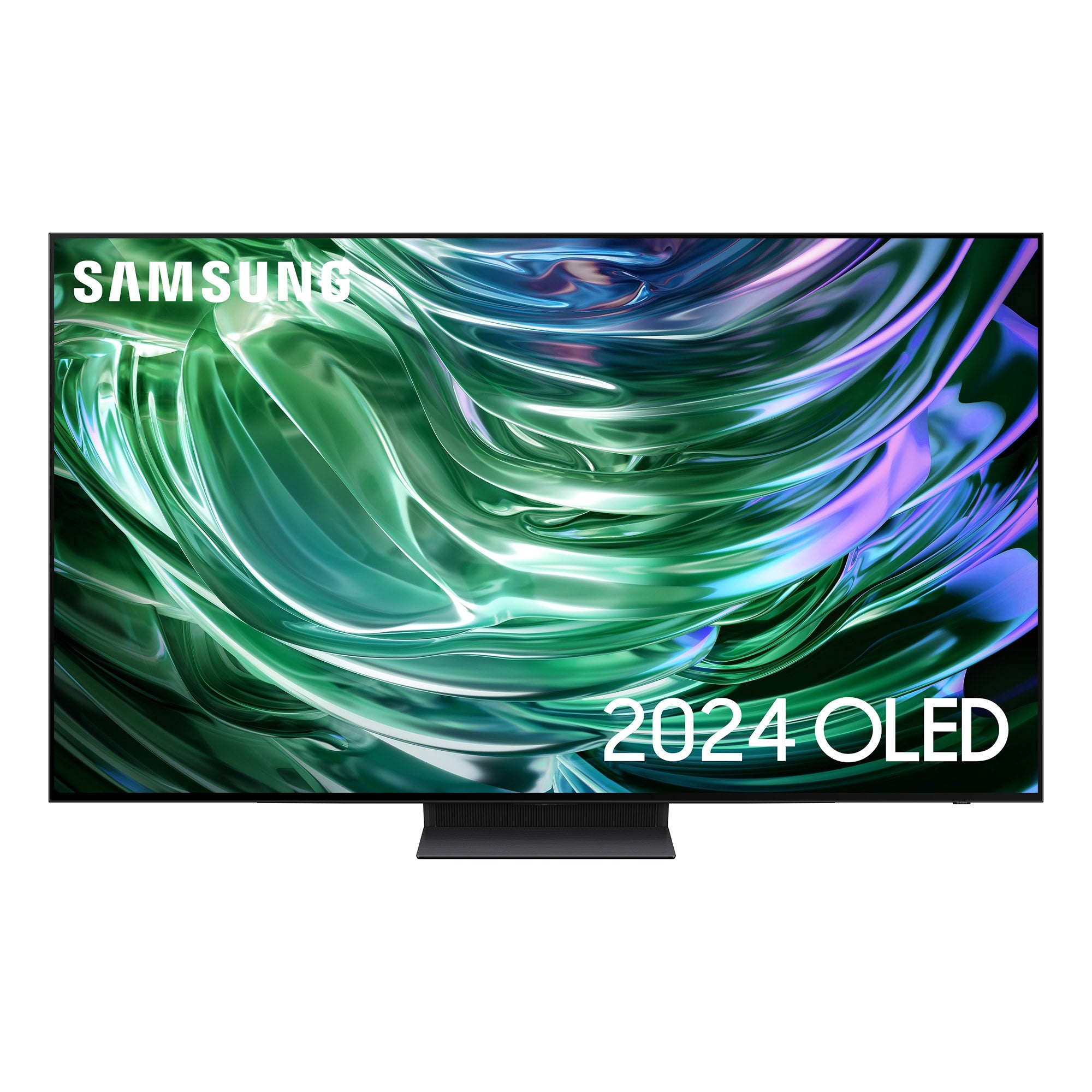 Samsung QE65S90D 65" OLED 4K Smart TV featuring a sleek black frame, vibrant green and purple abstract screen design, and HDR+ technology for enhanced picture quality.