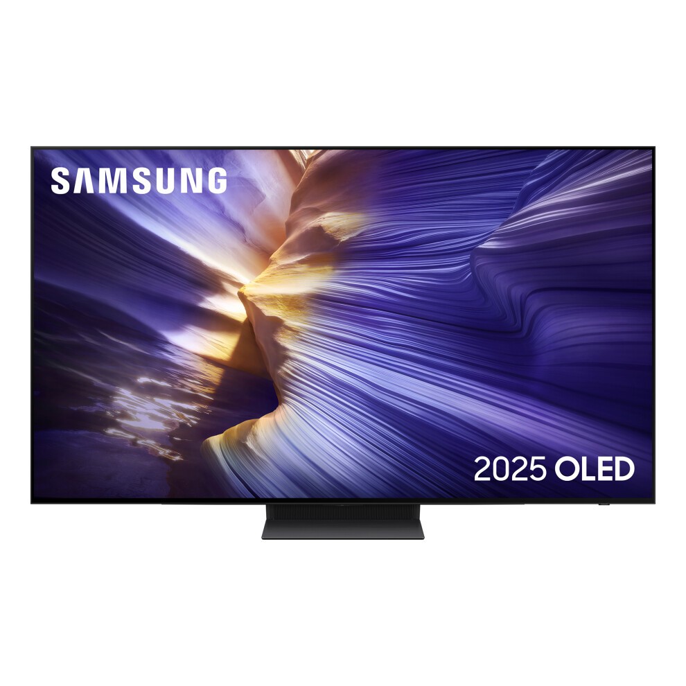Samsung 65" OLED S93F 4K Vision AI Smart TV in black, featuring a sleek design with vibrant colors displayed on the screen, showcasing abstract art in shades of blue and gold.