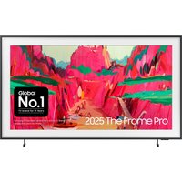 75" Samsung Frame Pro Neo QLED 4K TV with black bezel, displaying vibrant abstract art, Vision AI Smart features.