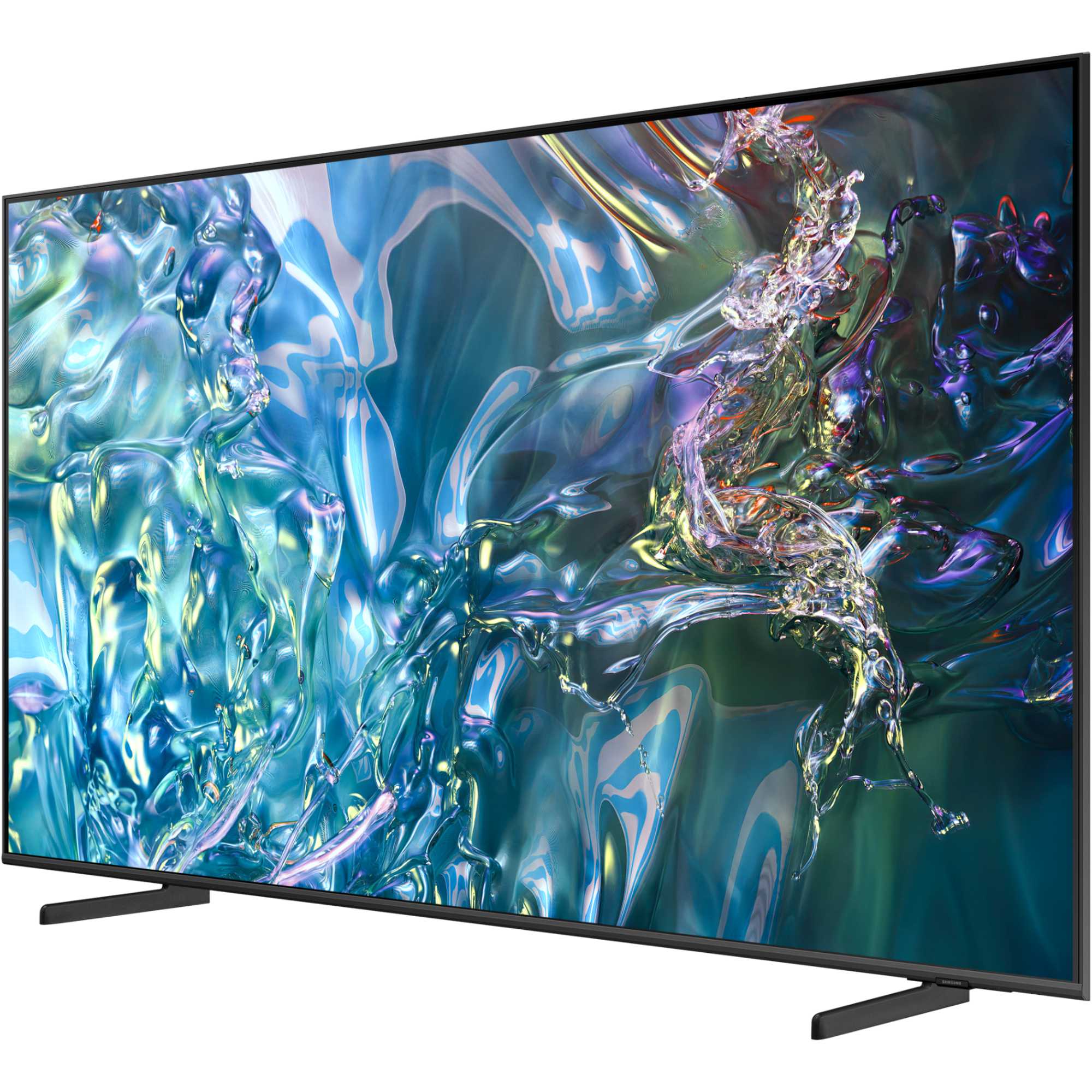 Samsung QE75Q60D 75" UHD 4K HDR QLED Smart TV featuring a sleek black frame, vibrant display with colorful abstract visuals, and sturdy metal stand.