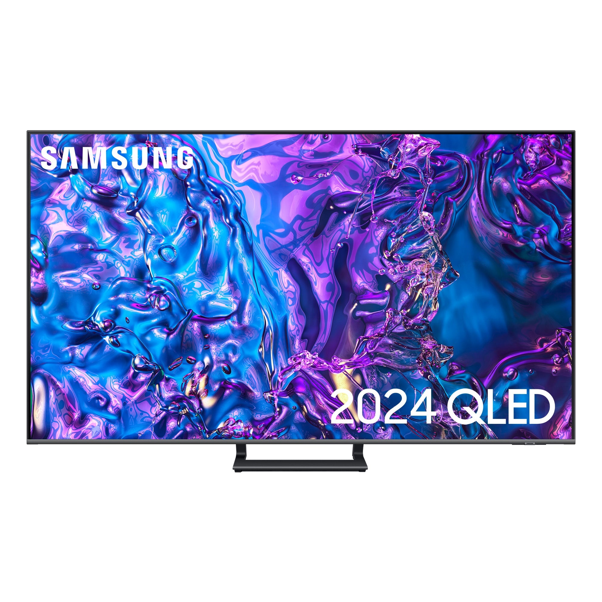 Samsung 75-inch Q70D 4K UHD QLED Smart TV featuring a vibrant, colorful abstract screen display and a sleek black frame with a minimalist stand.