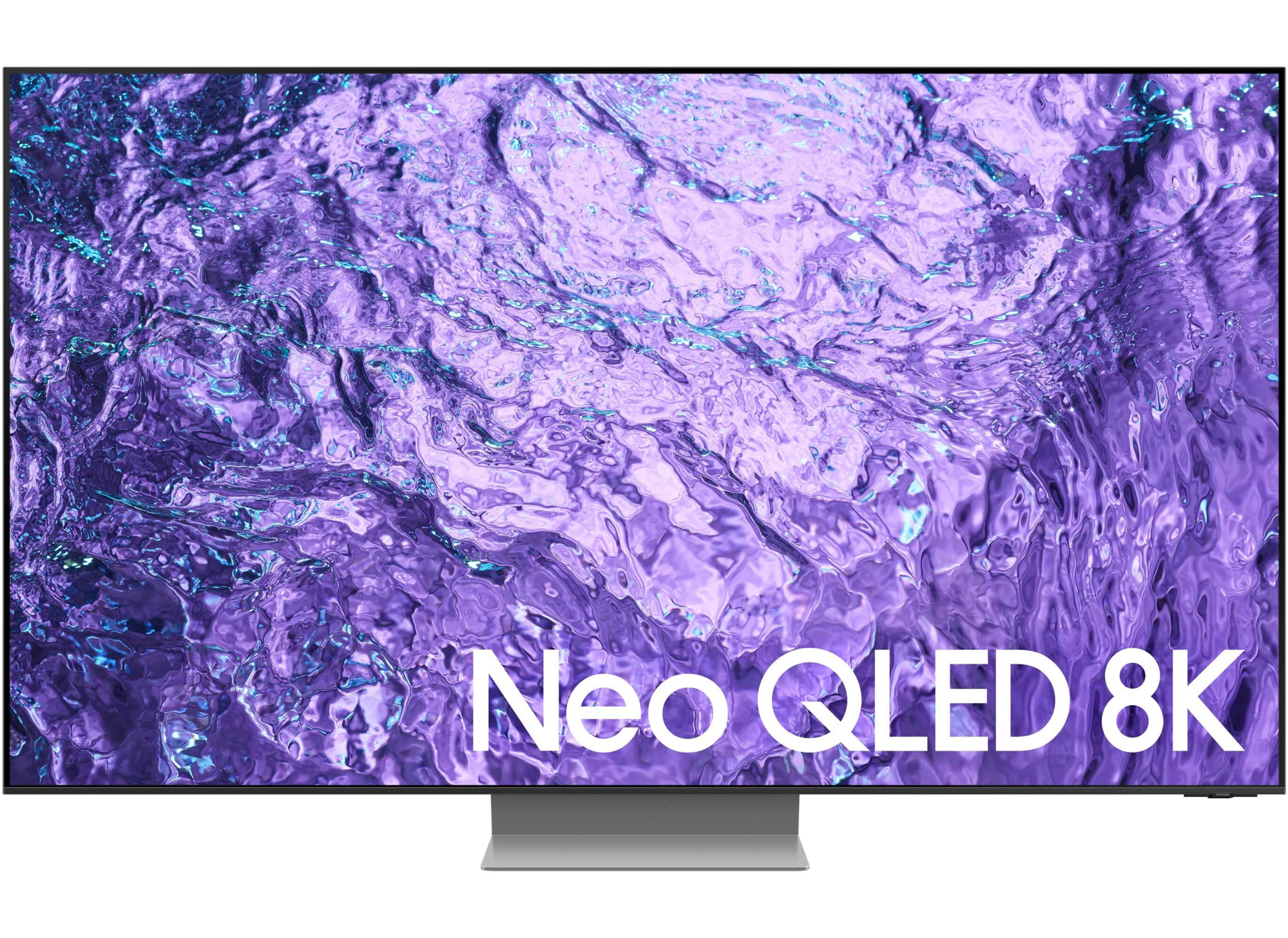 Samsung QE75QN700C 75" Neo QLED 8K HDR Smart TV features a sleek silver frame with a vibrant purple abstract display, showcasing stunning 8K resolution and advanced HDR technology.