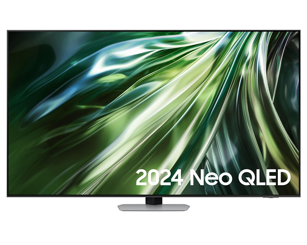 Samsung QE75QN93DATXXU QN93D 75" Neo QLED Smart AI TV featuring a sleek black frame, a minimalist silver stand, and a vibrant green abstract display design.