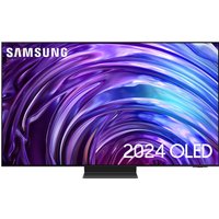 Samsung QE77S95DA 77" OLED 4K HDR Smart TV with sleek black frame and vivid purple swirling display.
