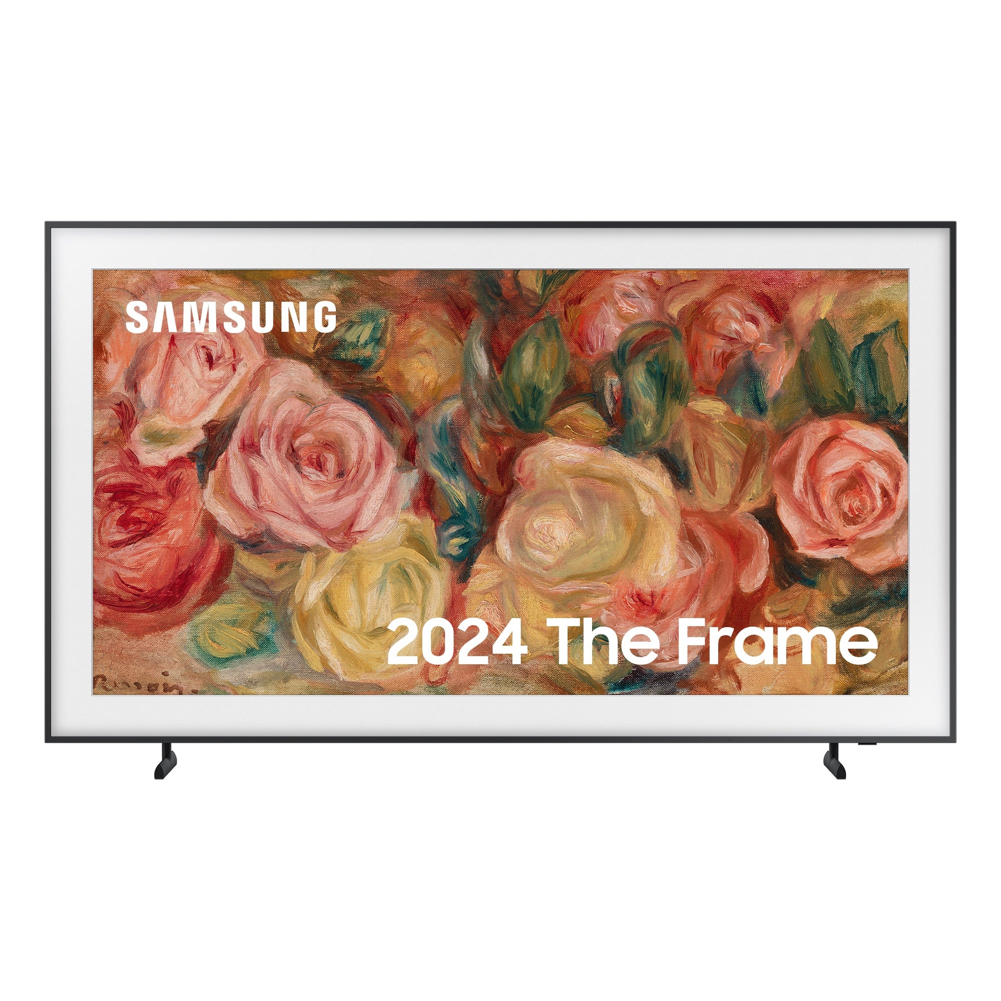 Samsung 85" 4K Ultra HD Smart TV in black with a sleek frame displaying a vibrant floral artwork, featuring a minimalist design and stand.