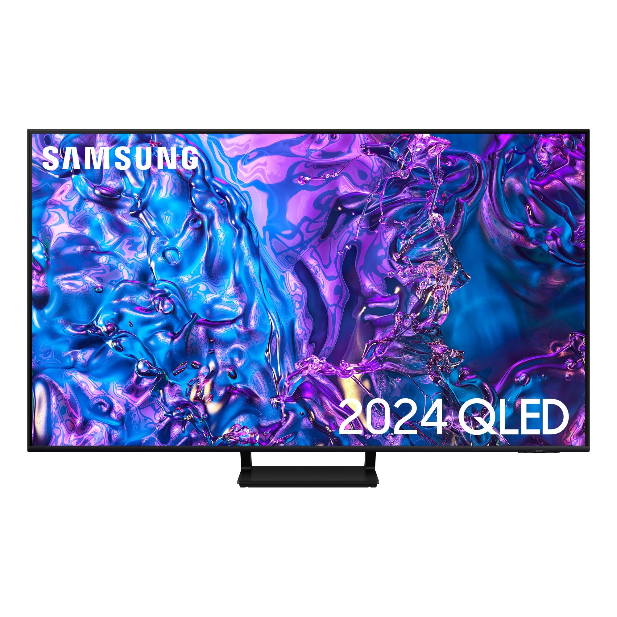 Samsung QE85Q70DATXXU 85-inch Q70D 4K QLED TV featuring a vibrant, colorful display with abstract patterns and a sleek black frame, showcasing its modern design and high-resolution capabilities.