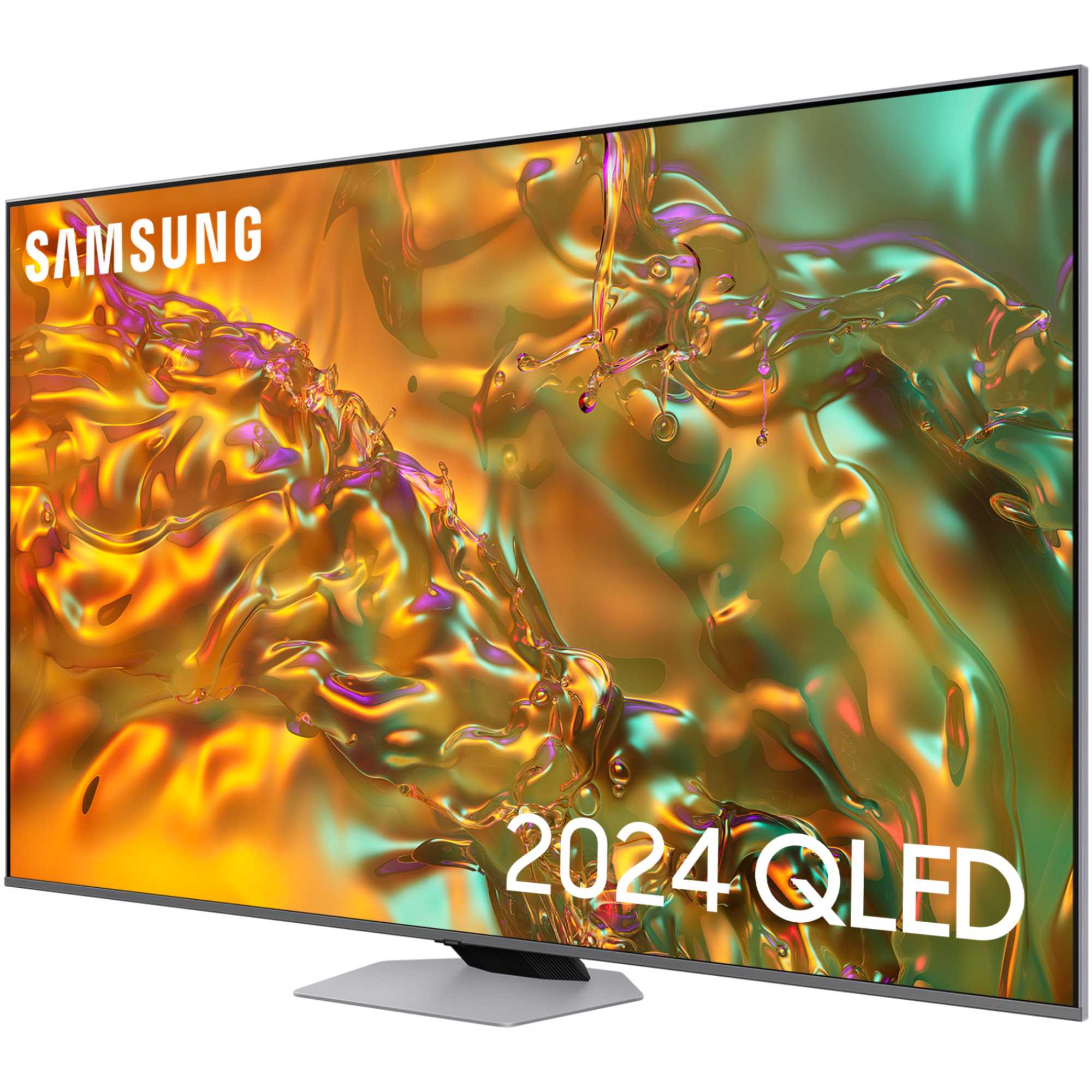 Samsung QE85Q80D 85" UHD 4K HDR QLED Smart TV features a sleek black frame, vibrant colorful display, and a modern silver stand, showcasing dynamic visuals and advanced technology.