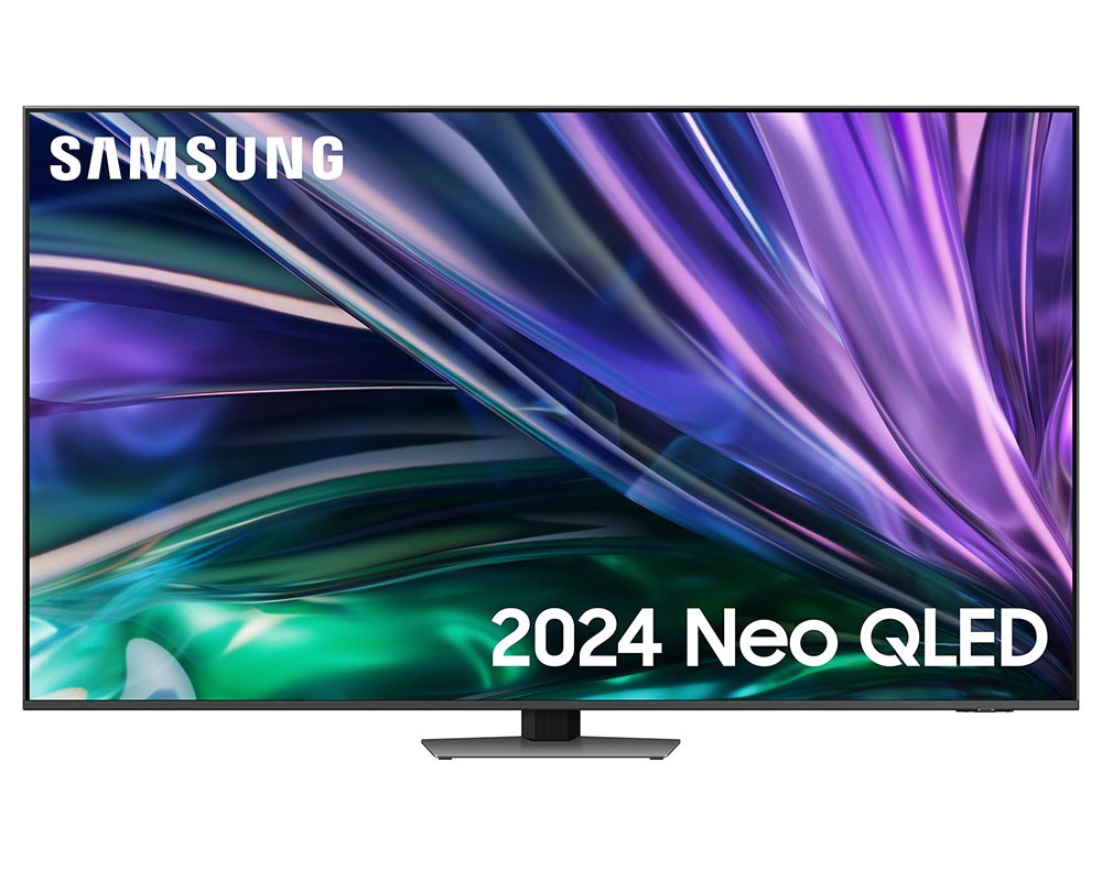 Samsung QE85QN85D 85" QN85D 4K Neo QLED Smart TV features a sleek black frame, vibrant display with swirling purple and green hues, and a modern stand.