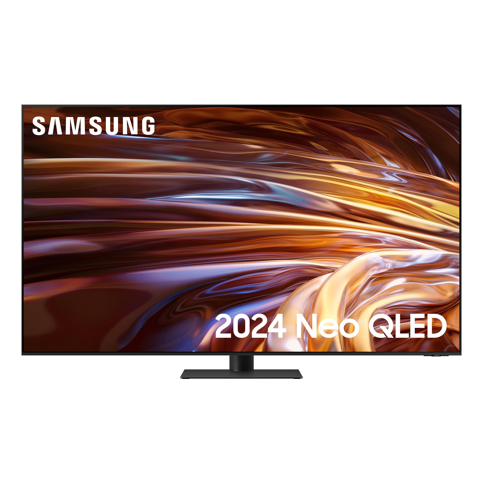 Samsung 2024 85 QN95D Neo QLED 4K HDR Smart TV features a sleek black frame, vibrant display with swirling gold and orange patterns, and a modern stand for stylish home integration.
