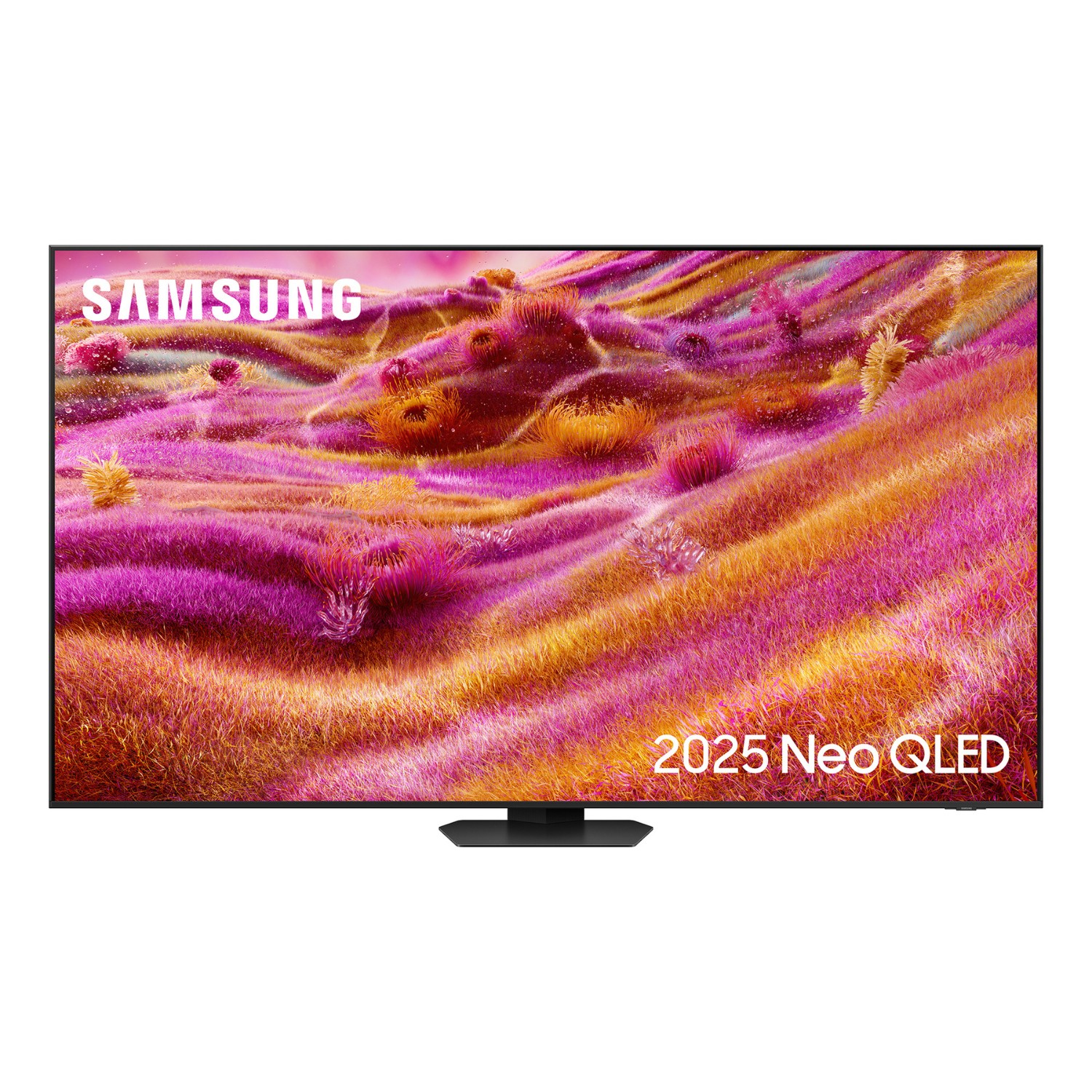 Samsung QE98QN90FA 98-inch 4K Ultra HD HDR Neo QLED TV featuring a vibrant pink and orange landscape display, sleek black frame, and minimalist stand.