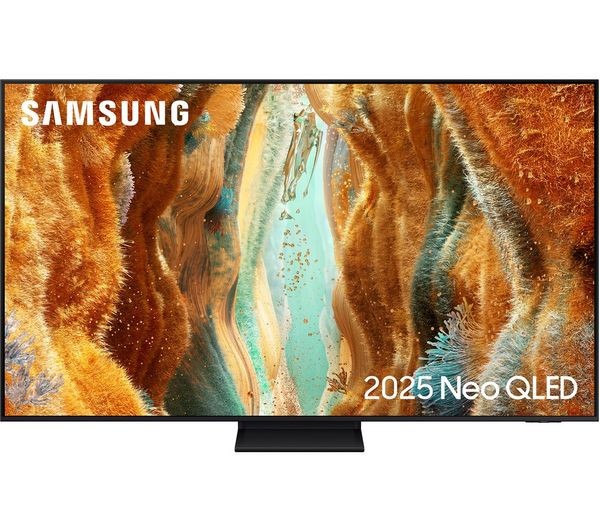 Samsung 65" Neo QLED QN70F 4K Smart TV in black, featuring a vibrant display with abstract orange and teal patterns, sleek design, and minimal bezels for an immersive viewing experience.