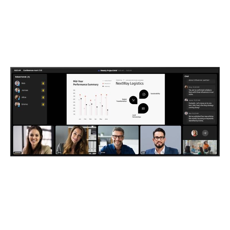 Samsung QPDX-5K 105" digital signage flat panel with a sleek black frame, featuring a vibrant LCD display showcasing a video conference layout with multiple participants.