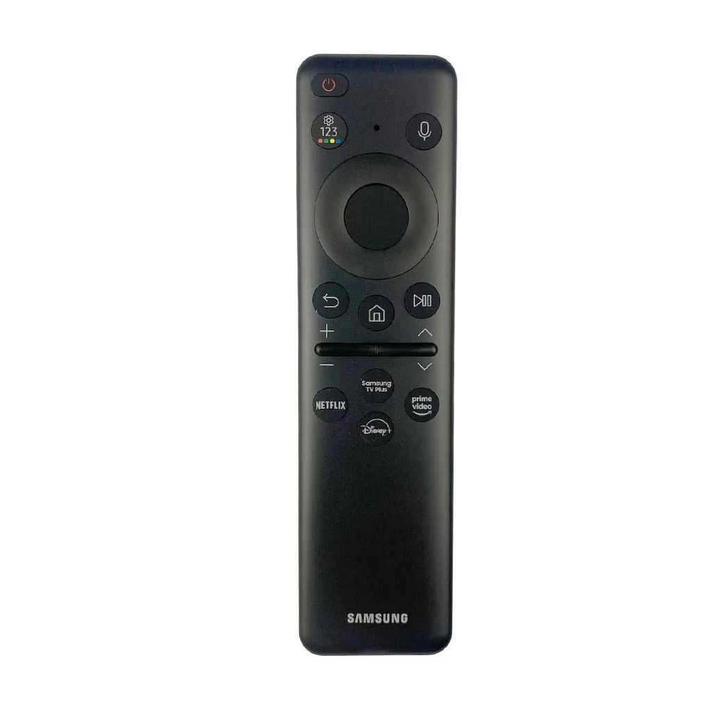 Black Samsung remote control featuring a circular navigation pad, volume and channel buttons, and dedicated keys for Netflix and Disney+.
