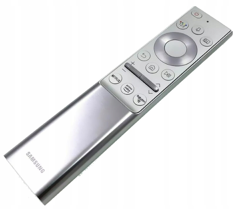 Sleek silver Samsung REMOCON-SMR CONTROL 2020 V remote with a circular navigation pad, multiple buttons for functions, and a modern design.