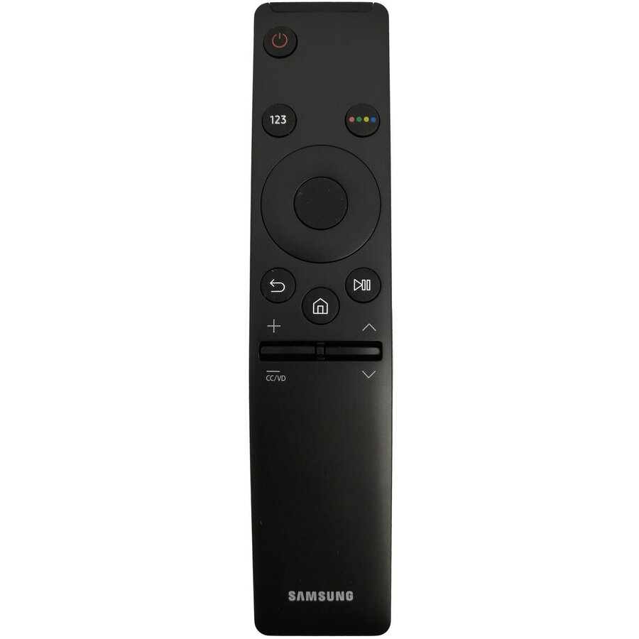 Black Samsung REMOCON-V.2021 remote control featuring a circular navigation pad, numeric keypad, and various function buttons, with a sleek, matte finish.