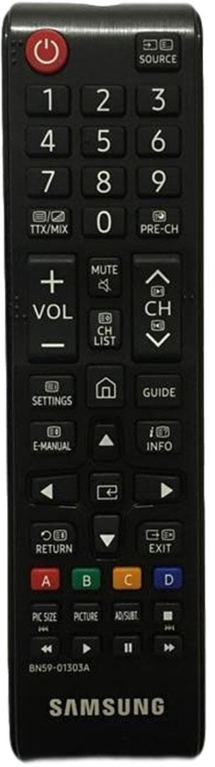 Black Samsung remote control with a red power button, numeric keypad, and various function buttons including volume, channel, and settings.