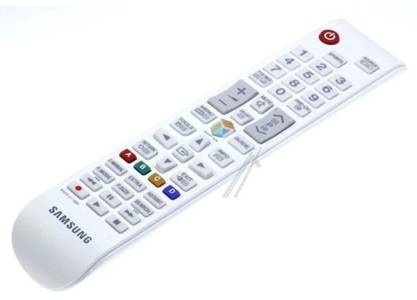 Samsung M1250 remote control in white plastic, featuring a red power button, numeric keypad, and various function buttons in blue, yellow, and green.